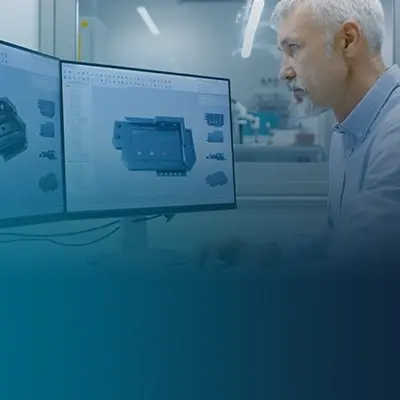 homem a olhar ecrãs CAD com peça 3D: Engenheiro a analisar modelo 3D de peça industrial em software CAD